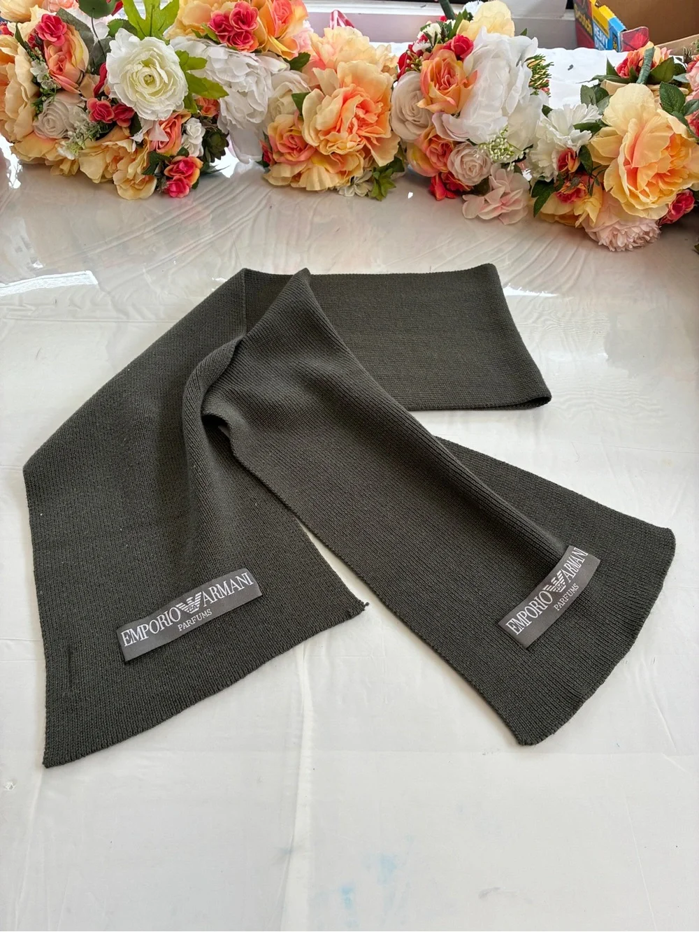 Emporio Armani Parfums Logo Knit Scarf Charcoal Gray Unisex 54in Designer